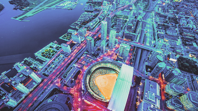 TitleToronto cityscape with baseball stadium at dusk