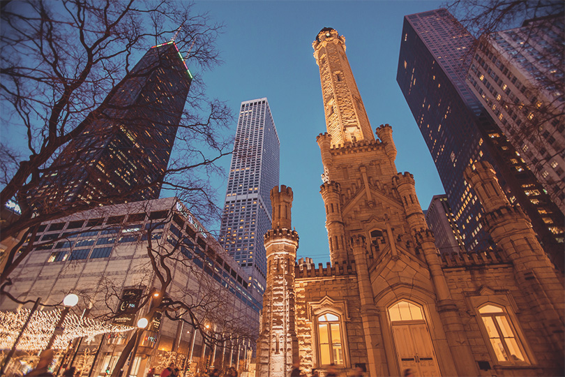 Historic Chicago Old Water Tower, Hancock Tower and Ritz Carlton Hotel.