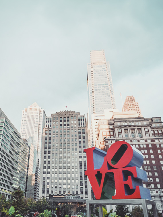 Center city Philadelphia, skyline. JFK plaza, Love park.