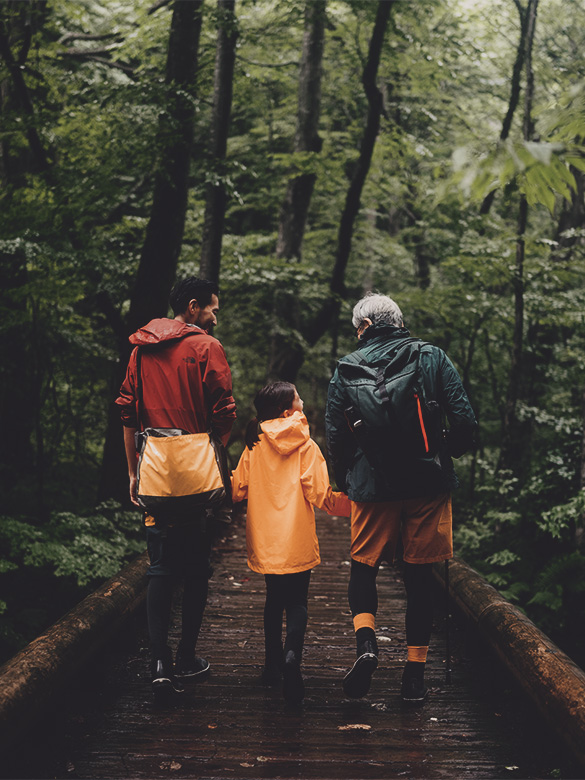 Three generation family hiking together in forest in rain, Oirase River, Aomori, Japan